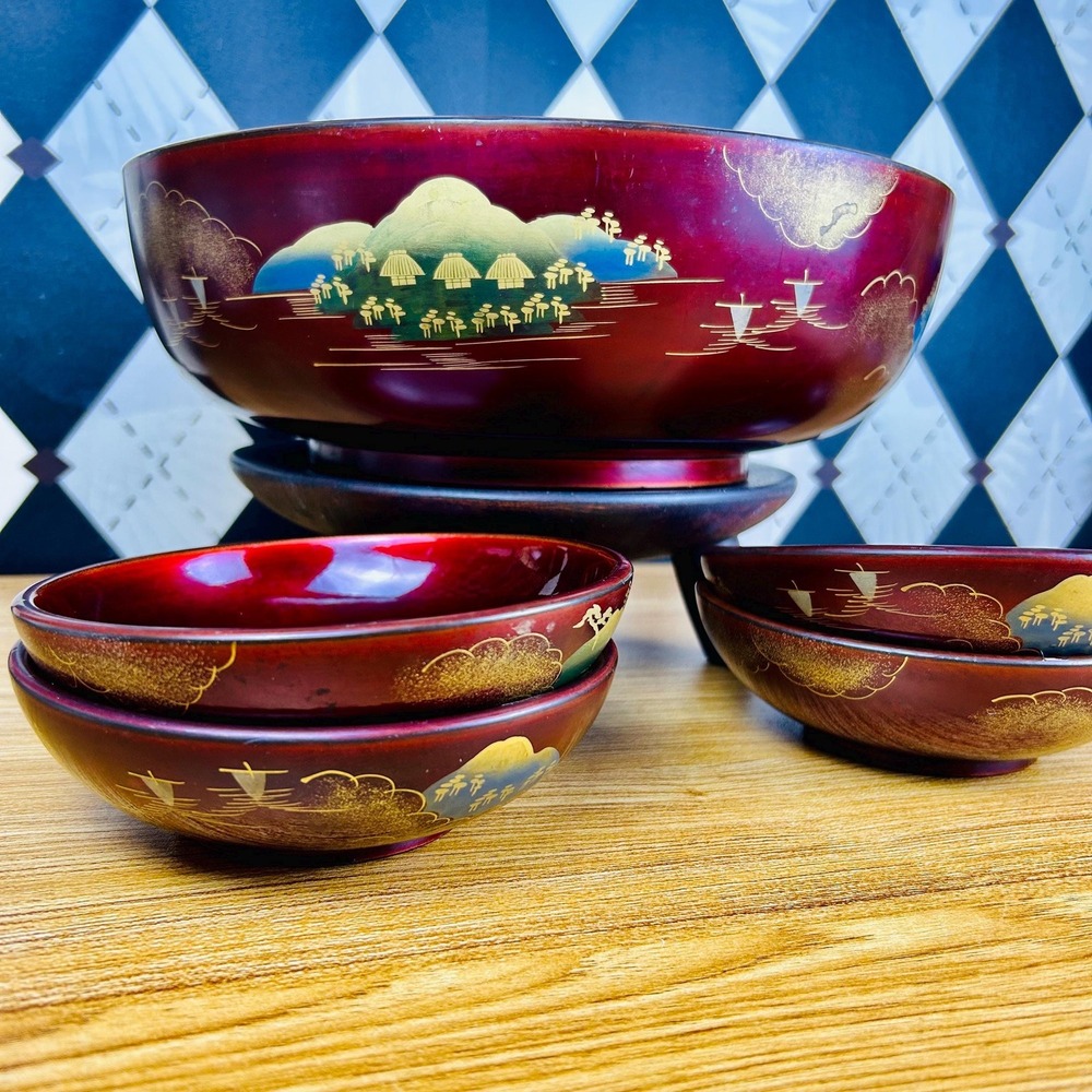 Vintage Japanese Lacquer Bowl Set Red Gold Serving Landscape Pagoda